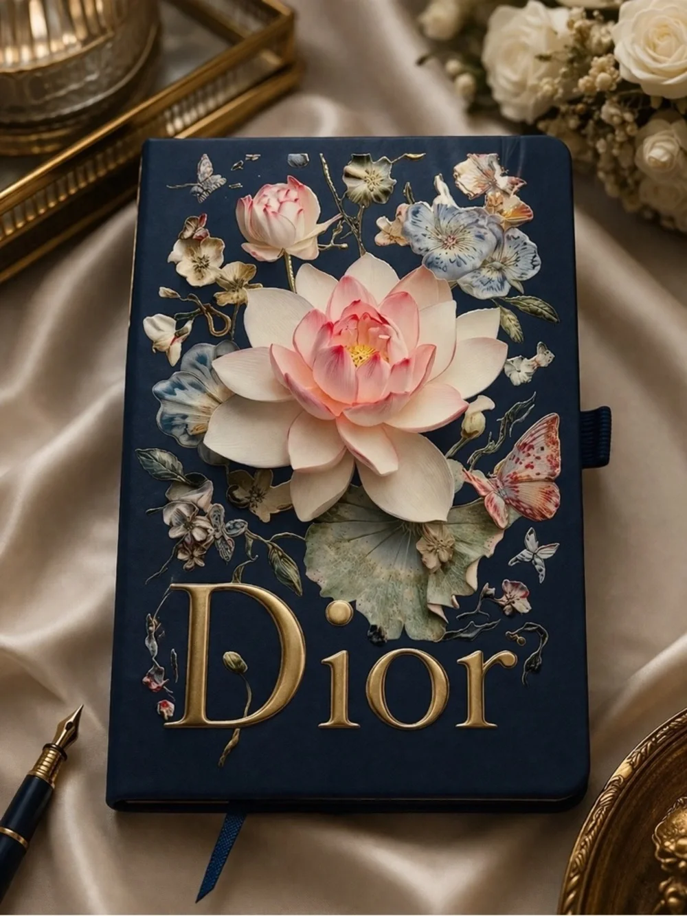 Navy Notebook with Pink Lotus and Floral Embellishments